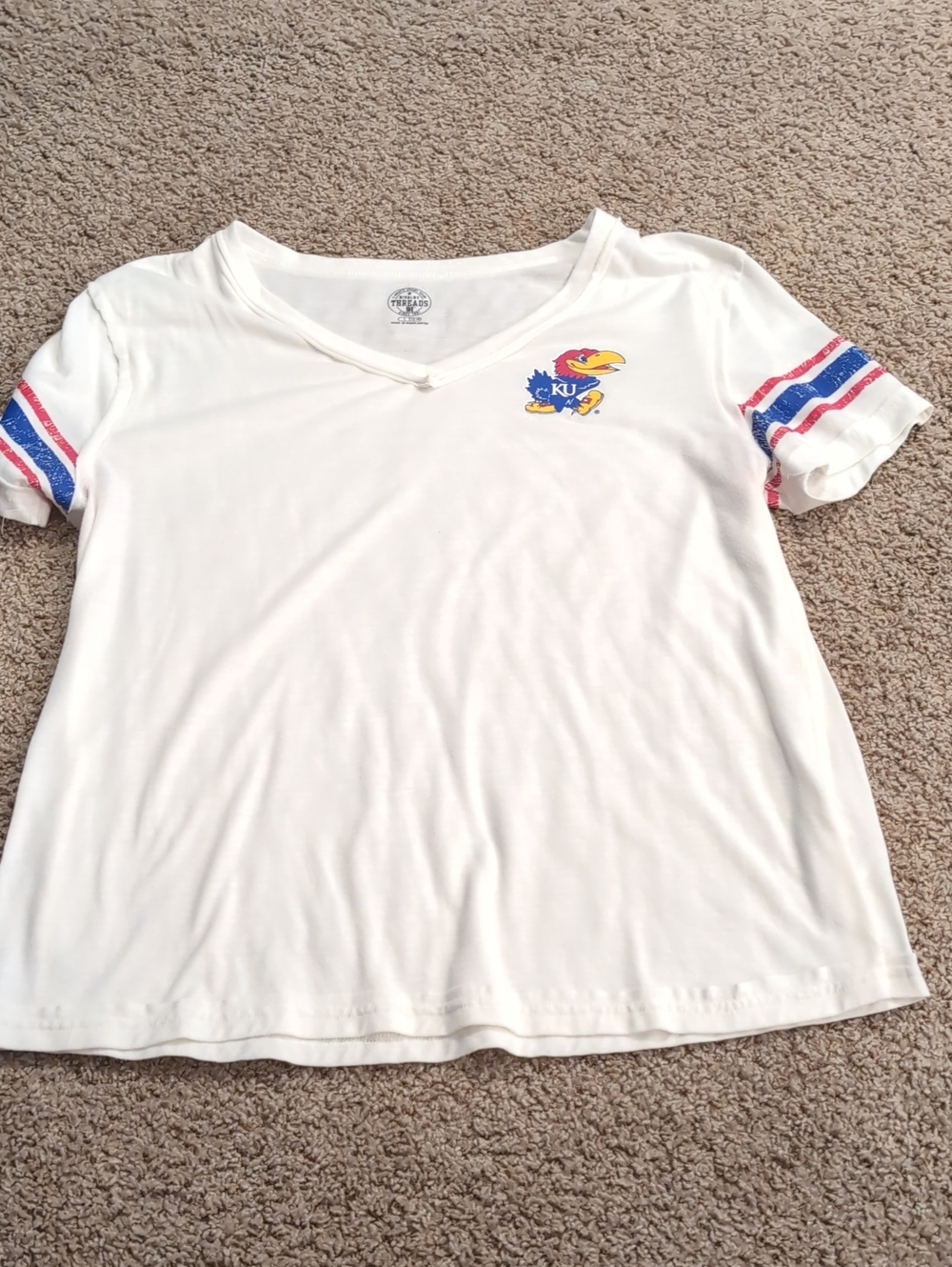 KU Jayhawks Cream V-Neck Tee with Red & Blue Trim